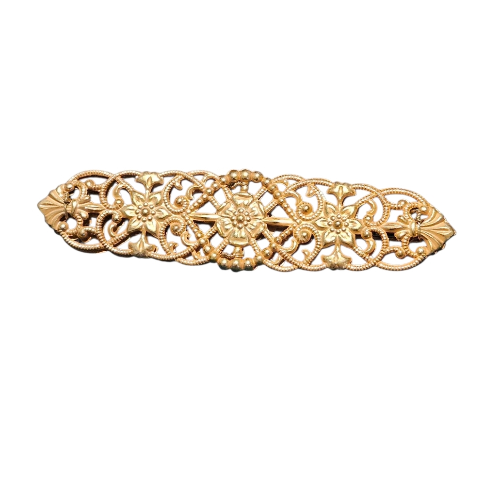 Miriam Haskell Gilded Filigree Bar Pin Vintage Gold Tone Floral Signed - Picture 2 of 9